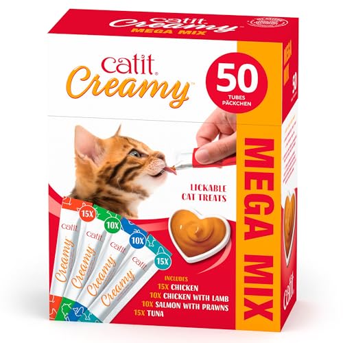 Catit Creamy Multi Pack, Katzensnacks mit Huhn, Thunfisch, Lamm und Meeresfrüchten, 50 x 10 g Tuben, getreidefrei und ohne künstliche Zusätze