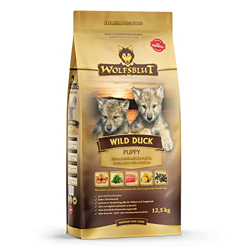 WOLFSBLUT Trockenfutter Hund Junior Wild Duck, getreidefreies Hundefutter mit frischer Ente und Superfoods, 12,5 kg