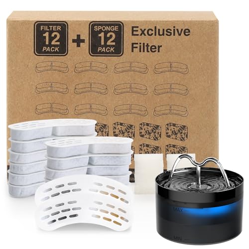DOOOB Katzenwasserbrunnenfilter, 24 Stück, kompatibel mit DOOOB Katzen Wasserbrunnen, Mehrfach-Filtrationssystem mit Aktivkohle, 12 Filter & 12 Schwämme