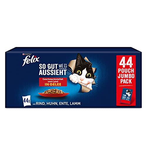FELIX So gut wie es aussieht Geschmacksvielfalt vom Land in Gelee, Katzen-Nassfutter, 44 x 85g Portionsbeutel, ohne Konservierungsstoffe, mit Rind, Huhn, Ente und Lamm