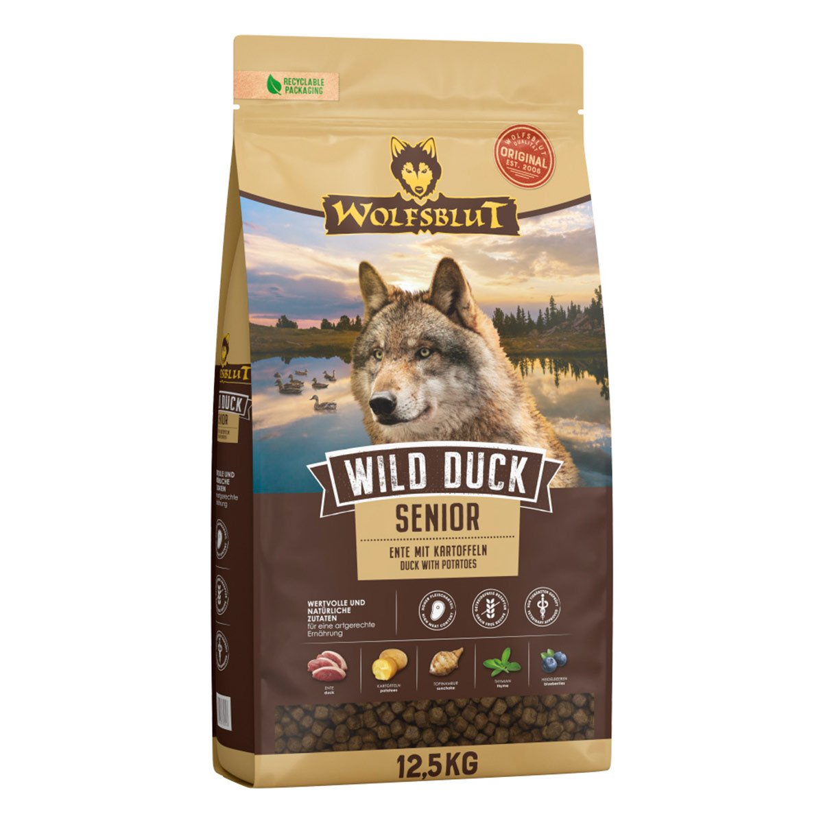 Wolfsblut Wild Duck Senior, Hunde-Trockenfutter 12,5 kg, getreidefrei mit Ente, Kartoffeln und Superfoods für ausgewachsene Hunde ab 7