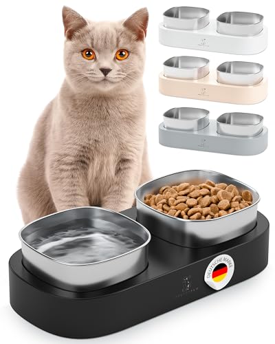 PRETTYPAW Erhöhter Katzennapf, Doppel-Futternapf mit rutschfester Plattform & Edelstahl-Schalen für ergonomisches Fressen, Schwarz