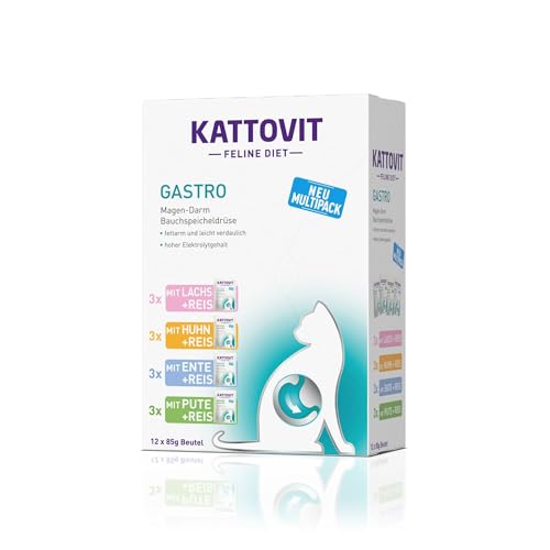 KATTOVIT Gastro Multipack Nassfutter für Katzen, Diät-Alleinfuttermittel zur Unterstützung des Magen-Darm-Systems, 12 x 85g Frischebeutel