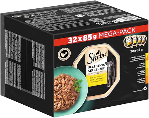 SHEBA Adult Katzenfutter nass, 32x85g Schalen, Geflügel Variation in Sauce, Vollnahrung für Katzen, 1 Großpackung