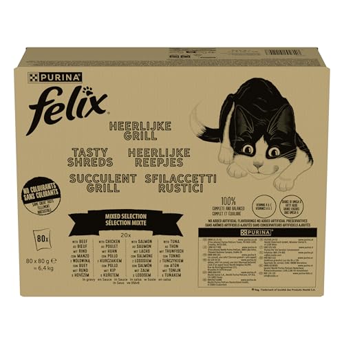 FELIX Tasty Shreds Katzenfutter nass in Sauce, Gemischte Vielfalt mit Rind, Huhn, Lachs und Thunfisch, 80er Pack (4x20x80g)