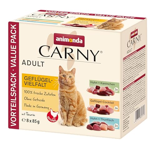 animonda Carny Katzenfutter nass Geflügel-Mix, 8 Portionsbeutel (8 x 85g), getreidefreies Nassfutter ohne Zucker für ausgewachsene Katzen mit frischen fleischlichen Zutaten