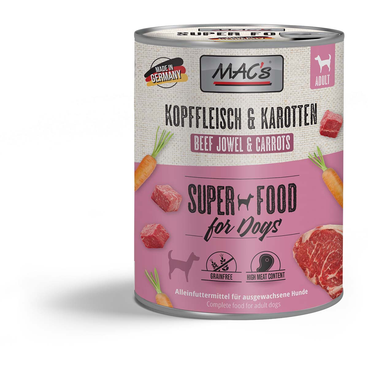 MAC's Dog Kopffleisch und Karotten, Getreidefreies Nassfutter für ausgewachsene Hunde, 12x800g