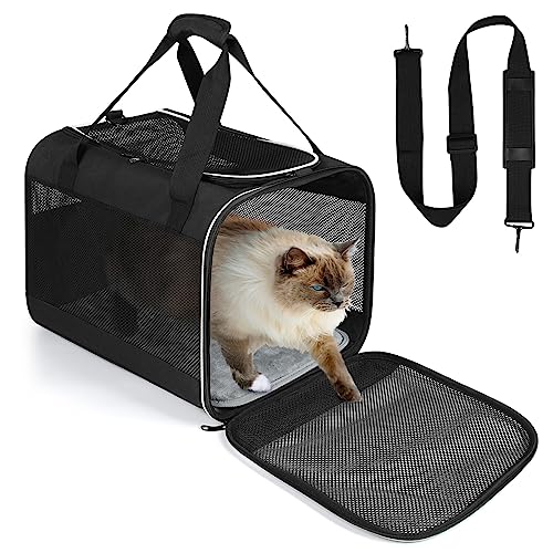 Lannvan Transportbox Katze, faltbare Katzen- und Hundebox bis 6,5kg, atmungsaktiv mit abnehmbarem Plüschpad, 45x30x30cm, Schwarz