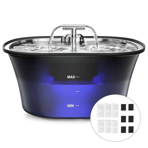 BalimoPet Katzenbrunnen, 2,5L Edelstahl Trinktablett mit LED-Beleuchtung, Ultra leise Pumpe und 6 Aktivkohlefiltern, Doppelauslauf-Design, leicht zu reinigen