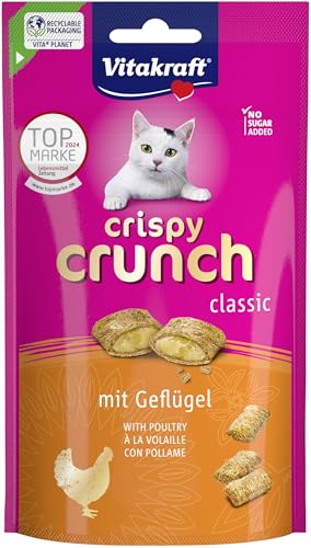 Vitakraft Crispy Crunch Classic, knuspriger Katzensnack gefüllt mit Geflügel, ohne Zucker, wiederverschließbarer Beutel, 60g