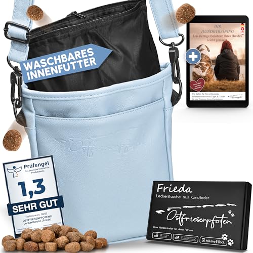 Ostfriesenpfoten® Leckerlibeutel 'Frieda', Hunde-Futterbeutel aus hochwertigem Kunstleder, Lavendelblau, Größe L, mit EasyOpen Einhandmagnetverschluss, zwei getrennten Leckerlibereichen, kotbeutelspender und Schultergurt.