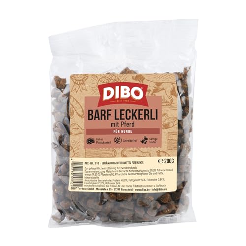DIBO Barf-Leckerli mit Pferd, gluten- und laktosefreier Trainingssnack für Hunde, 200 g Beutel