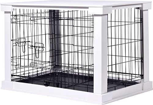 dobar® Design Hundekäfig aus Holz Gr. M, Hundebox mit Tischoberfläche und herausziehbarer Kunststoffwanne, 83 x 55 x 59 cm, Weiß
