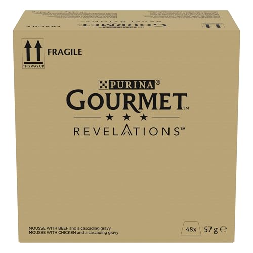Gourmet Revelations Mousse, Katzenfutter nass in Sauce, Huhn & Rind, 48er Pack (48 x 57g), 100% komplett und ausgewogen, ohne Konservierungsstoffe