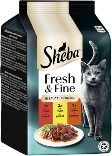 SHEBA® Portionsbeutel Multipack Fresh & Fine in Sauce, Katzen-Nassfutter mit Rind und Huhn, 6 x 50g, 100% natürliche Zutaten ohne künstliche Zusätze