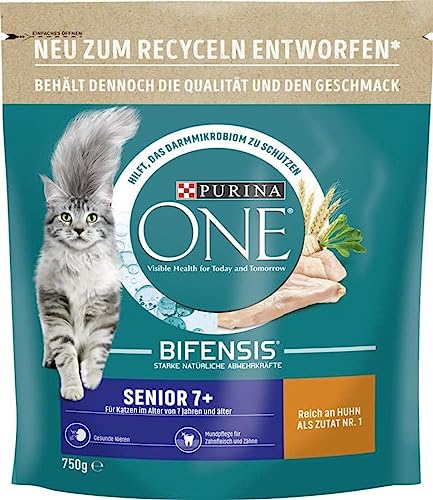 Purina ONE Bifensis Senior Katzenfutter Huhn & Vollkorn, 0,75 kg, für gesunde Nieren und Zahnpflege, stärkt natürliche Abwehrkräfte