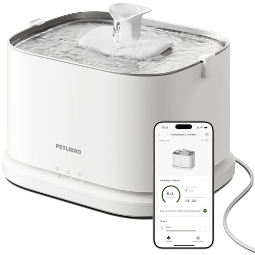 PETLIBRO Dockstream 2 Katzentrinkbrunnen, 3L Wasserbrunnen mit Edelstahlschale, Smart App-Überwachung, 5G WiFi, weiß