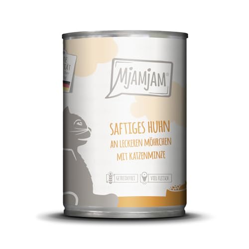 MjAMjAM 6 x 400 g, Nassfutter für Katzen mit saftigem Huhn und Möhrchen, getreidefrei und in hoher Qualität