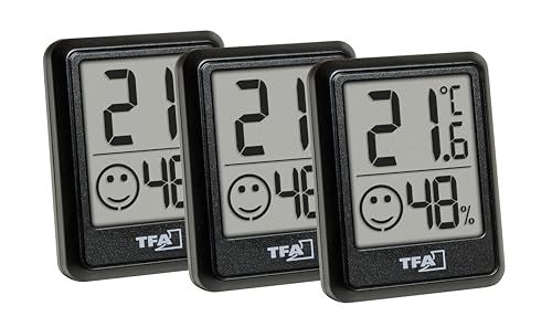 TFA Dostmann Mini Luftfeuchtigkeitsmesser 3er Set, digitales Raumthermometer mit Hygrometer, Temperatur- und Feuchtigkeitsmessung, Schwarz, inkl. Batterien