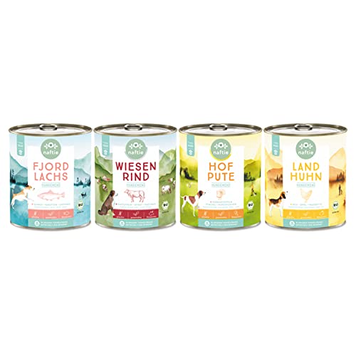 naftie Bio Hundefutter Testpakete, Nassfutter Menüs 4x800g, glutenfrei, fettarm, proteinarm, für alte Hunde, 4 Sorten