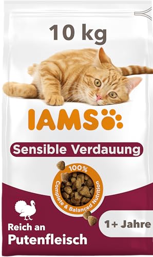 IAMS Sensible Verdauung Katzenfutter trocken mit Pute, Futter für Katzen mit empfindlichen Mägen ab 1 Jahr, 10 kg, weizenfrei, reich an tierischen Proteinen, mit Omega-3- & Omega-6-Fettsäuren