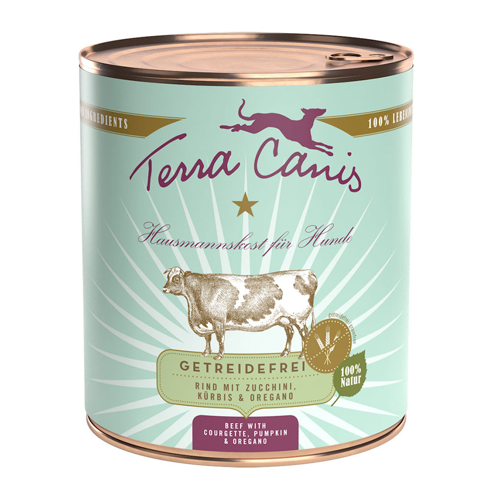 Terra Canis Getreidefrei 6 x 800 g - Rind mit Zucchini, Kürbis und Oregano, hochwertiges Nassfutter für Hunde, ohne Getreide, hergestellt in Bayern