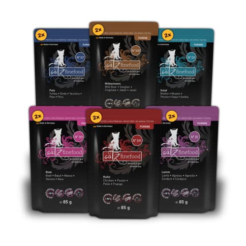 catz finefood Purrrr Collection I - Monoprotein Nassfutter für Katzen - getreidefrei, zuckerfrei, hypoallergen, hoher Fleischanteil, 12 Beutel à 85 g