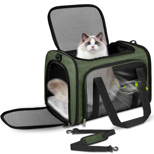 TOFFCAEA Faltbare Transporttasche für Katze und Hund, tragbare Hundetransportbox bis 5kg, grün, L 43 x B 28 x H 28 cm, atmungsaktiv und mit Sicherheitsgurten