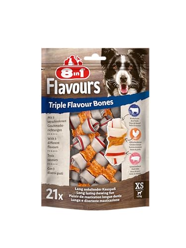 8in1 Triple Flavour Knochen XS, Hundeknochen mit Hähnchenfilet, Schweine- und Rinderhaut, 21 Stück, proteinreich und fettarm