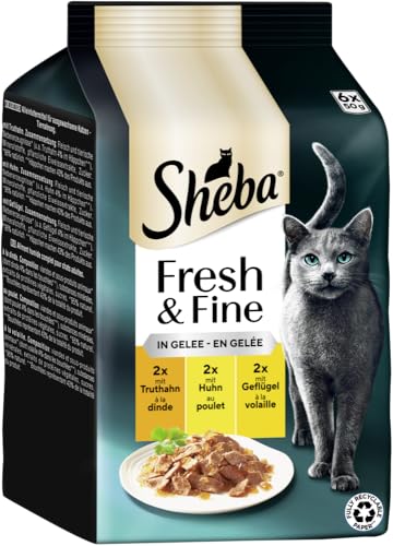 SHEBA® Portionsbeutel Multipack Fresh & Fine in Gelee, Katzen-Nassfutter mit Truthahn und Huhn, 6 x 50g
