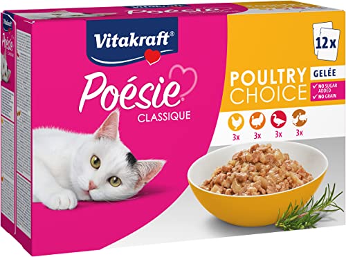 Vitakraft Poésie Classique Gelee, Katzen-Nassfutter ohne Getreide, 12x 85g, 4 Sorten (Huhn, Geflügel, Pute, Ente)