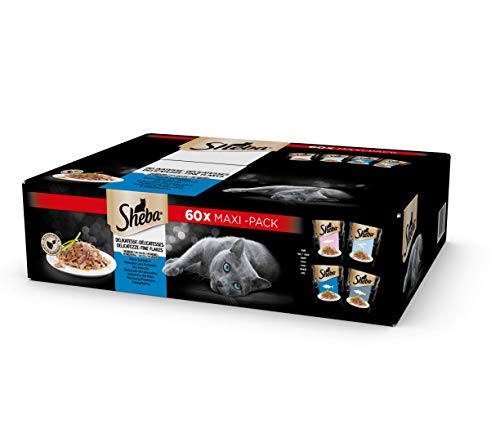 Sheba Portionsbeutel Multipack Fisch in Gelee, Katzen-Nassfutter mit Lachs, Thunfisch, Weißfisch und Kabeljau, 60 Beutel à 85 g, ohne künstliche Farb- und Konservierungsstoffe