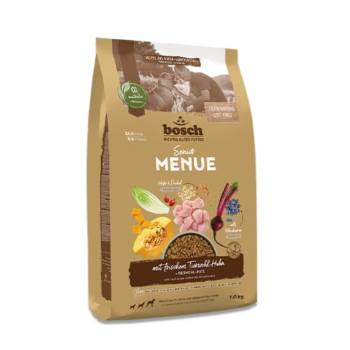 Bosch HPC MENUE Senior, Hundetrockenfutter mit 50% Tierwohl-Huhn, Dinkel & Hafer für ältere Hunde, 1 x 12 kg