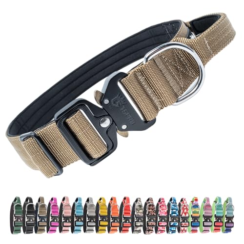 TSPRO Premium Hundehalsband mit Griff, Dickes verstellbares taktisches Halsband mit Schnellverschluss Metallschnalle für mittelgroße bis große Hunde, Khaki L