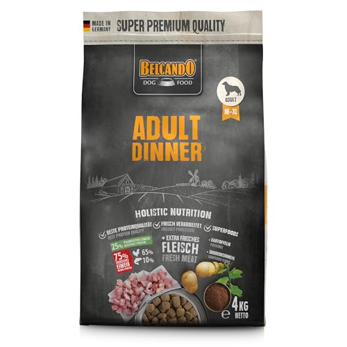 BELCANDO Adult Dinner, Hundefutter für ausgewachsene Hunde, 4 kg, mit frischem Fleisch und aktivem Zellschutz, Alleinfuttermittel für alle Rassen ab 1 Jahr