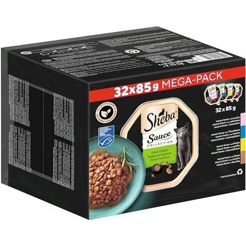 Sheba Nassfutter Multipack Mega-Pack Sauce Collection, MSC-zertifiziert, 32 x 85g, für ausgewachsene Katzen, ohne künstliche Farb- oder Konservierungsstoffe