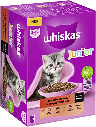 Whiskas Junior Katzenfutter Klassische Auswahl in Sauce, 12x85g – Hochwertiges Nassfutter für Kätzchen von 2 bis 12 Monaten mit vitaminreicher Rezeptur und hochwertigem Protein