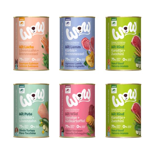 WOW Nassfutter Hund, Adult, Multipack 6x800 g, 71% Fleischanteil, ohne Zuckerzusatz, sechs Sorten