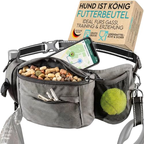 HUND IST KÖNIG Leckerlitasche für Hunde, robuste Bauchtasche mit Kotbeutelspender, Handyfach & Gurt für Flexileine, schwarz