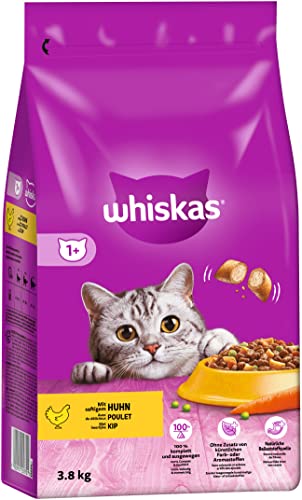 WHISKAS Katzen Trockenfutter Adult 1+ mit Huhn, 3,8kg Beutel, unterstützt Harnwegsgesundheit, mit Vitamin A und Zink