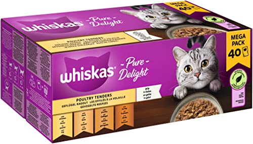 Whiskas 1+ Katzennassfutter Ragout Geflügel Auswahl in Gelee, 40x85g, schadstofffrei, nährstoffreich, Portionsbeutel