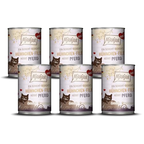 MjAMjAM Duett - Premium Nassfutter für Katzen, Hühnchen-Filet küsst Pferd, getreidefrei, 6er Pack (6x390g)