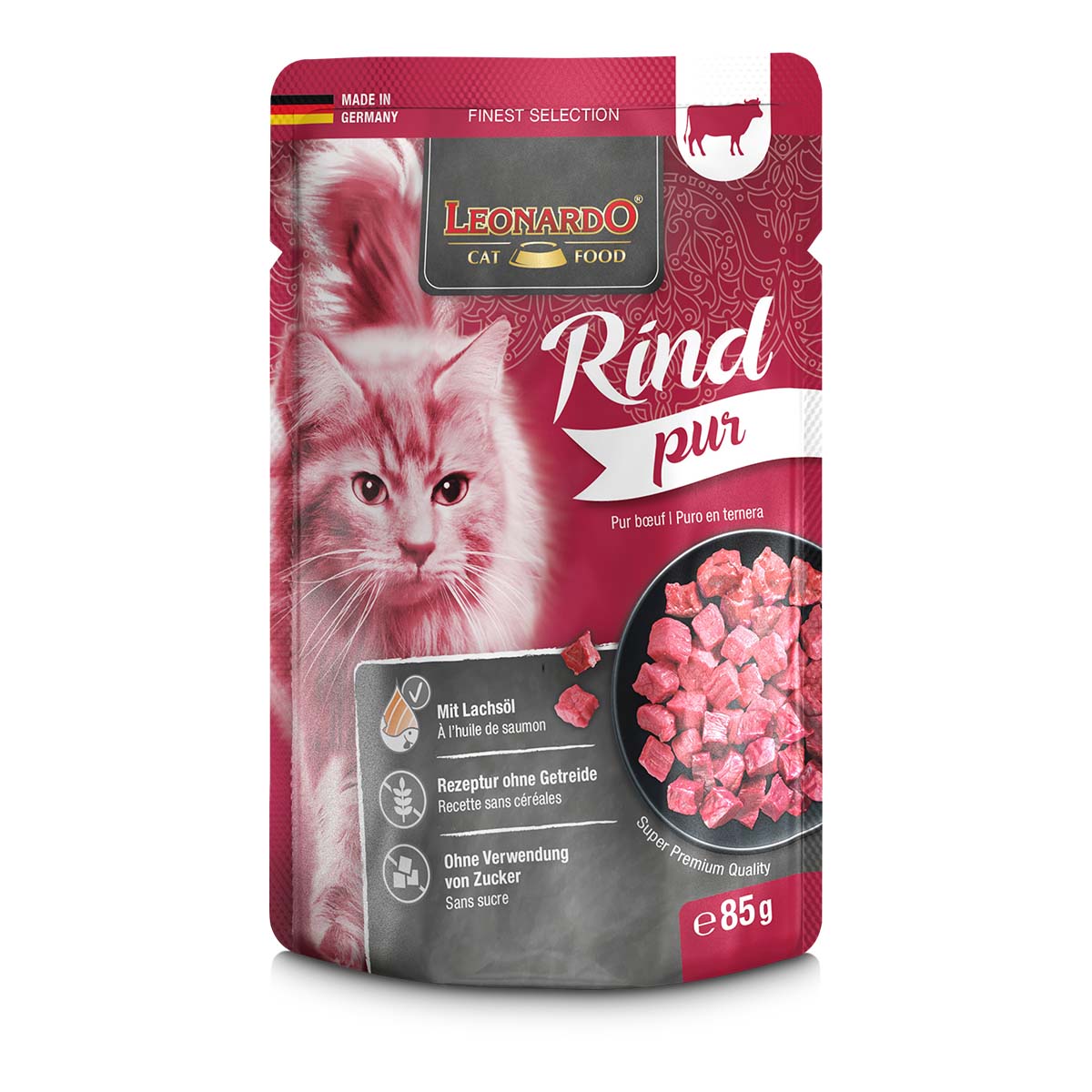 Leonardo Finest Selection Rind pur, Katzen-Nassfutter in praktischen Einzelportionen, 16x85g