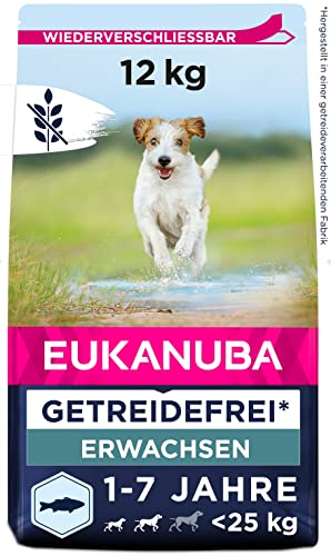 Eukanuba Hundefutter getreidefrei mit Fisch für kleine und mittelgroße Rassen, Trockenfutter für ausgewachsene Hunde, 12 kg - proteinreich mit Lachs, glutenfreie Süßkartoffeln, DentaDefense Zahnpflegesystem
