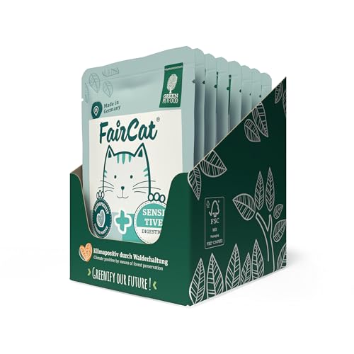 Green Petfood FairCat Sensitive, getreidefreies Katzen-Nassfutter mit Flohsamenschalen & Fenchel, 8 x 85 g für wählerische Katzen, angenehmer Duft, ohne Tierversuche
