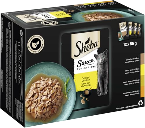 SHEBA® Portionsbeutel Multipack Sauce Collection Geflügel, 12 x 85g, Katzennassfutter mit Huhn, Ente, Geflügel und Truthahn in herzhafter Sauce