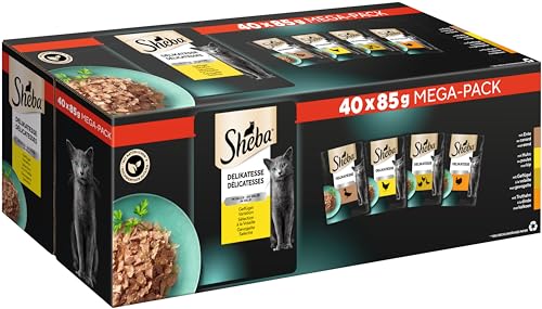 Sheba Delikatesse in Gelee, Katzen-Nassfutter mit feiner Geflügelauswahl, 40 x 85g, 4 Geschmacksrichtungen: Huhn, Truthahn, Ente, Geflügel