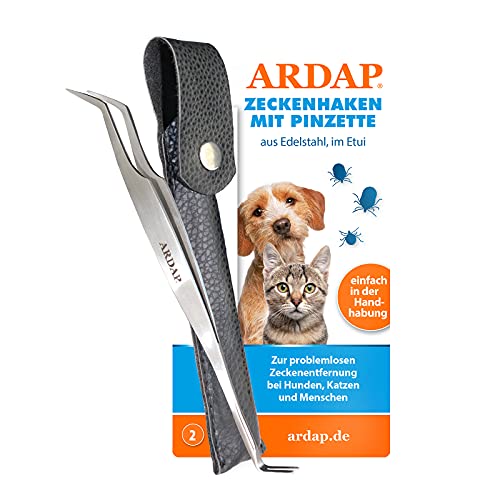 ARDAP Zeckenzange und Zeckenhaken 2in1, Edelstahl im Leder-Etui, effektive Zeckenentfernung für Hunde, Katzen & Menschen