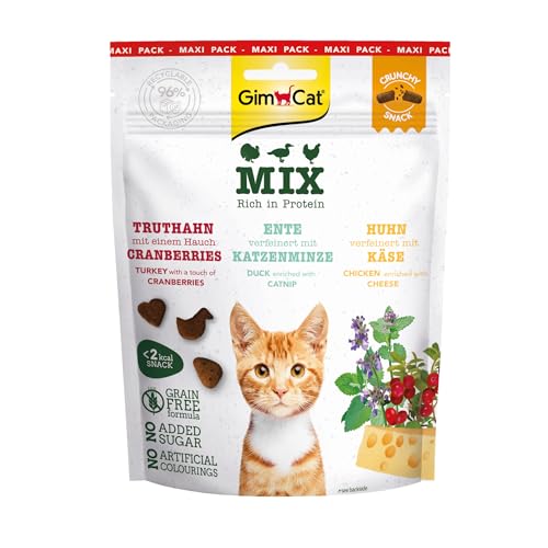 GimCat Crunchy Snacks Mix, Knusprige und proteinreiche Katzenleckerli, getreidefrei, 1 Beutel (140 g)