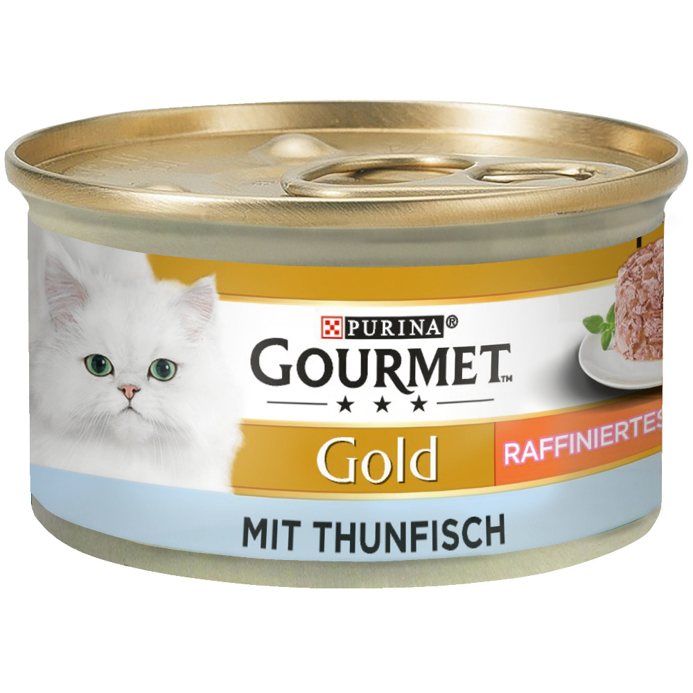 Gourmet Gold Raffiniertes Ragout, Katzen-Nassfutter Mixpaket (Thunfisch & Rind), 48 x 85 g, hochwertiges Alleinfutter in köstlicher Soße